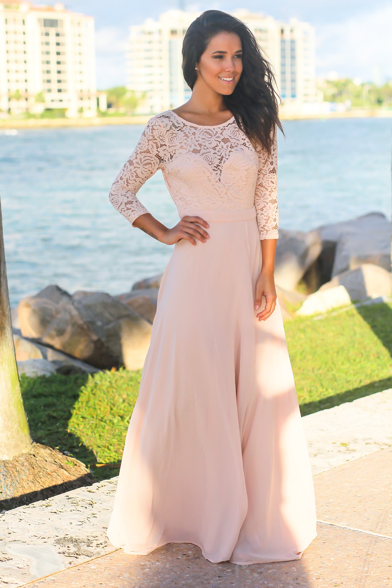 Blush Lace Maxi Dress with 3/4 Sleeves ...